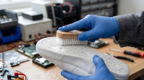 Technician wearing bright blue nitrile gloves cleans the white rubber sole of a sneaker with a small wooden bristled brush on a cluttered workbench.