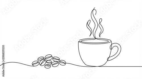  Steaming coffee cup continuous line art vector hot mug with beans single line outline illustration