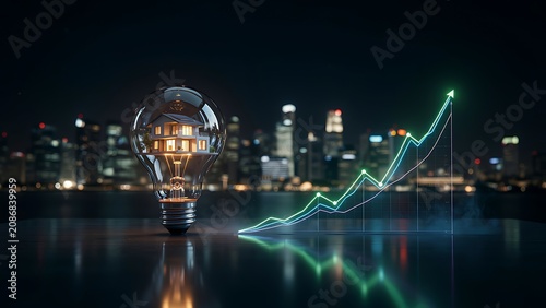 Light bulb with house inside and rising graph in front of city skyline at night
