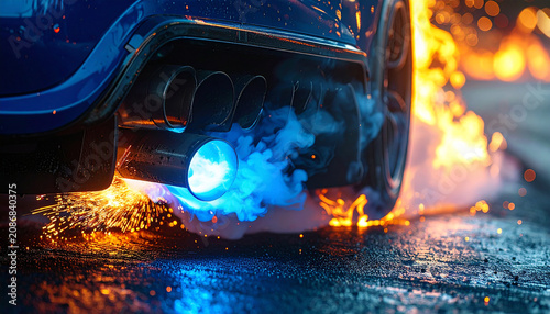 Close-up of a racing car exhaust spitting a blue flame on a dark drag strip track