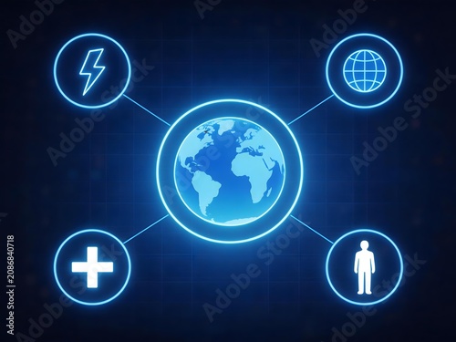 Global network connections linking energy, healthcare, people, and internet infrastructure