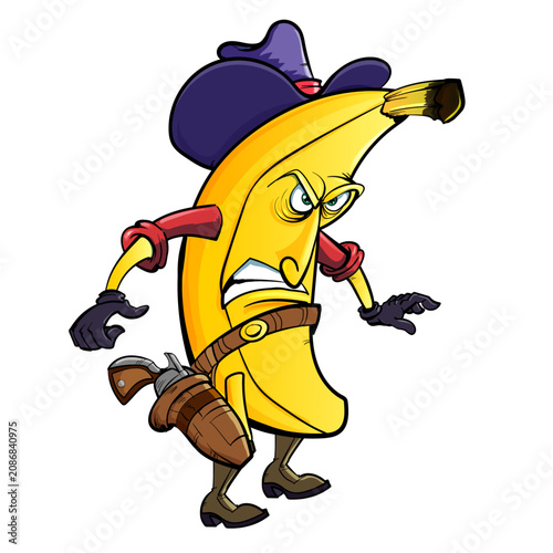 Angry Banana Cowboy Outlaw Character With Holster and Hat - Funny Cartoon Fruit Gunslinger