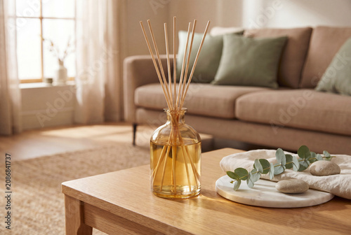 Reed Diffuser on Wooden Coffee Table in Cozy Living Room