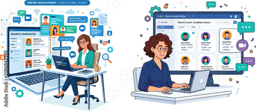 Recruiter searching candidates and conducting online job interviews via laptop computer in modern virtual office