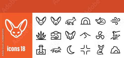 Foto A set of 18 desert and arid landscape line icons, featuring fennec foxes, sand dunes, cacti, and other elements of a dry environment