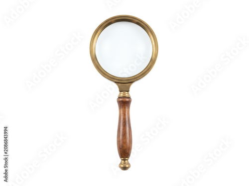 Vintage Brass Magnifying Glass With Wooden Handle Isolated On Plain White Background