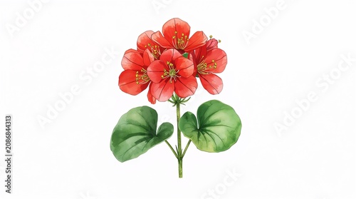 Red Geranium Flower Watercolor Illustration on White Background Botanical Art Concept