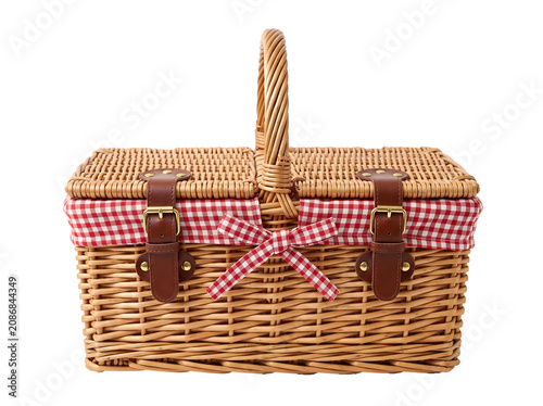 Woven Wicker Picnic Basket With Red And White Gingham Lining Isolated On White Background