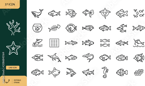 Underwater Animal Line Icons Set, Sea Life and Marine Creatures Outline Symbols. Vector Illustration