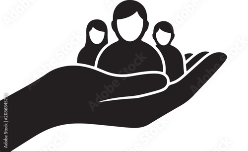 Black silhouette of a hand holding a family of three