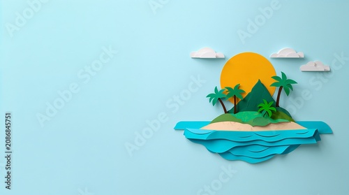 Tropical Island Paper Cut Art with Palm Trees Sun and Ocean Waves Summer Concept