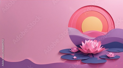 Paper Cut Lotus Flowers on Pond with Sunset Layered Background Zen Concept