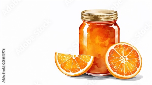Orange Marmalade Jar with Fresh Citrus Slices Watercolor Illustration on White Background