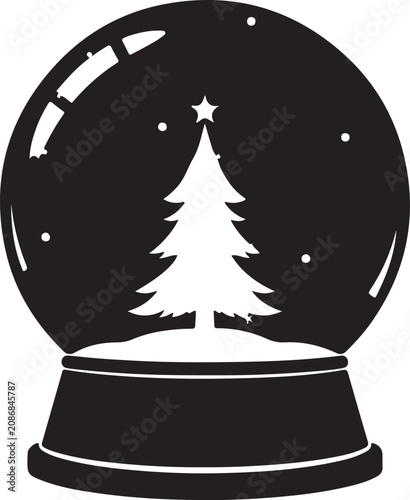 Black and white snow globe with a christmas tree inside