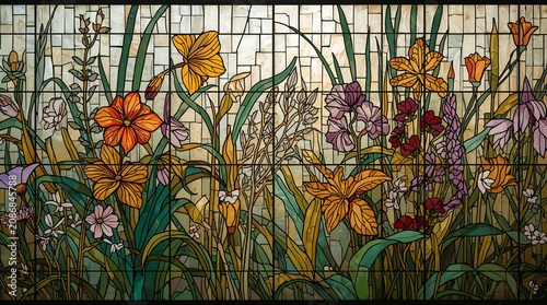 Botanical Stained Glass Floral Garden Panel with Colorful Wildflowers Art Concept
