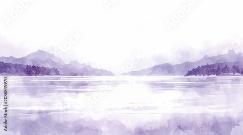 Serene Winter Lake Watercolor Landscape with Misty Mountains Peaceful Nature Concept