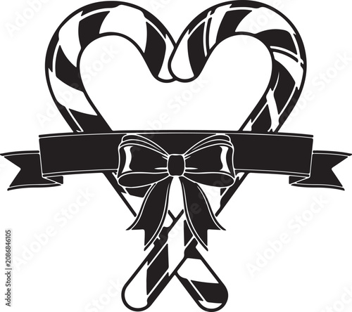 Black and white illustration of heart shaped candy canes with ribbon