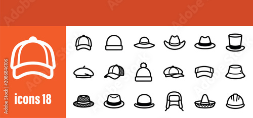 фотографія Set of 18 hat and headwear icons in simple outline style