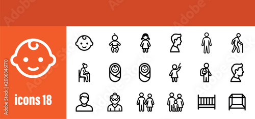 Human life stages and people icons set. Vector outline illustrations of individuals from baby to elderly.