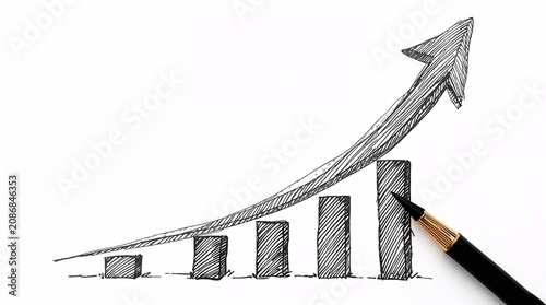 Hand Drawn Rising Bar Chart with Arrow Business Growth Concept on White Background