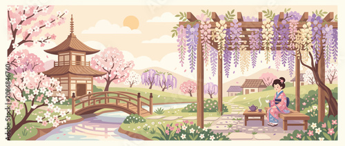 Japanese garden with cherry blossoms and traditional pagoda architecture