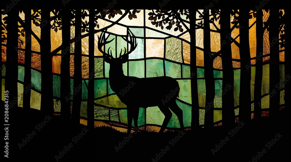 Fototapeta premium Stained Glass Deer Silhouette in Forest Nature Art Concept Dark Background