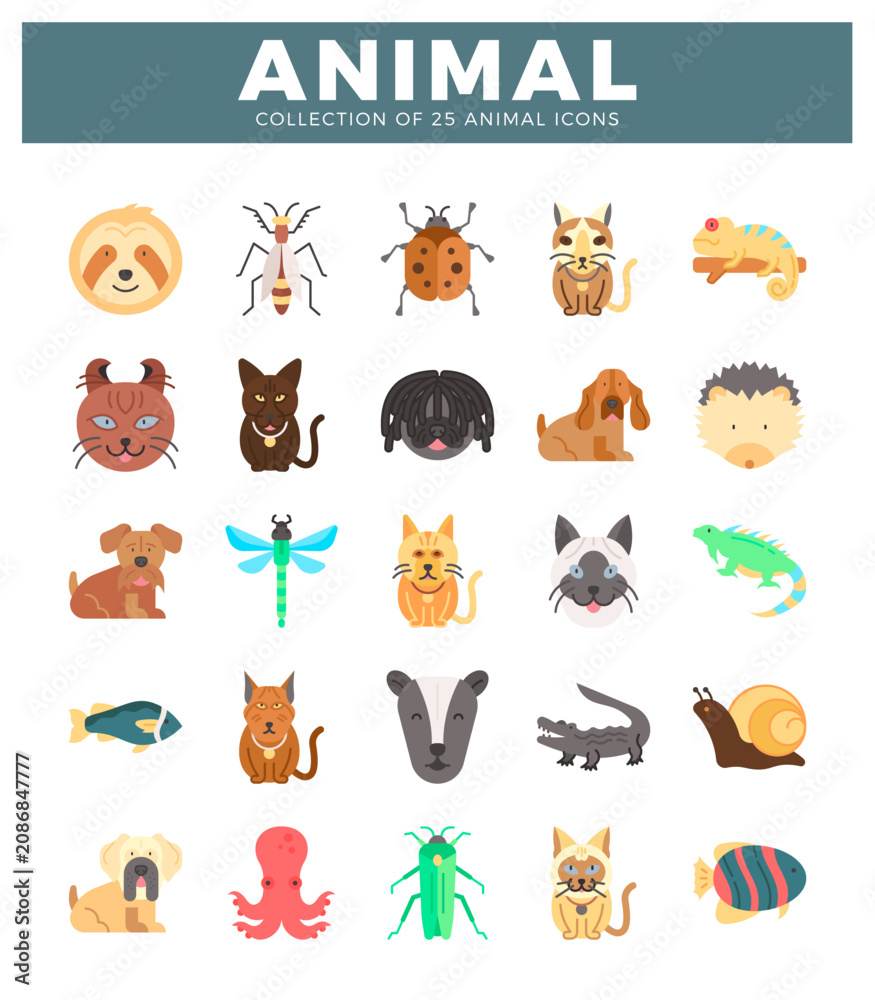Obraz premium Flat vector icons of diverse animals in a grid. white background