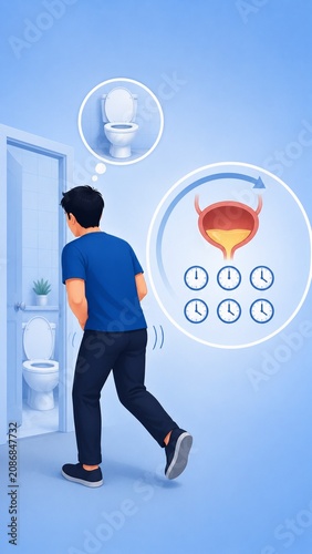 Man Rushing to Bathroom with Frequent Urination Symptoms: Bladder Health and Overactive Bladder Medical Illustration