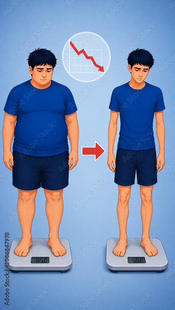 Fototapeta premium Male Weight Loss Transformation Illustration: Before and After Body Journey with Progress Chart and Scale Data