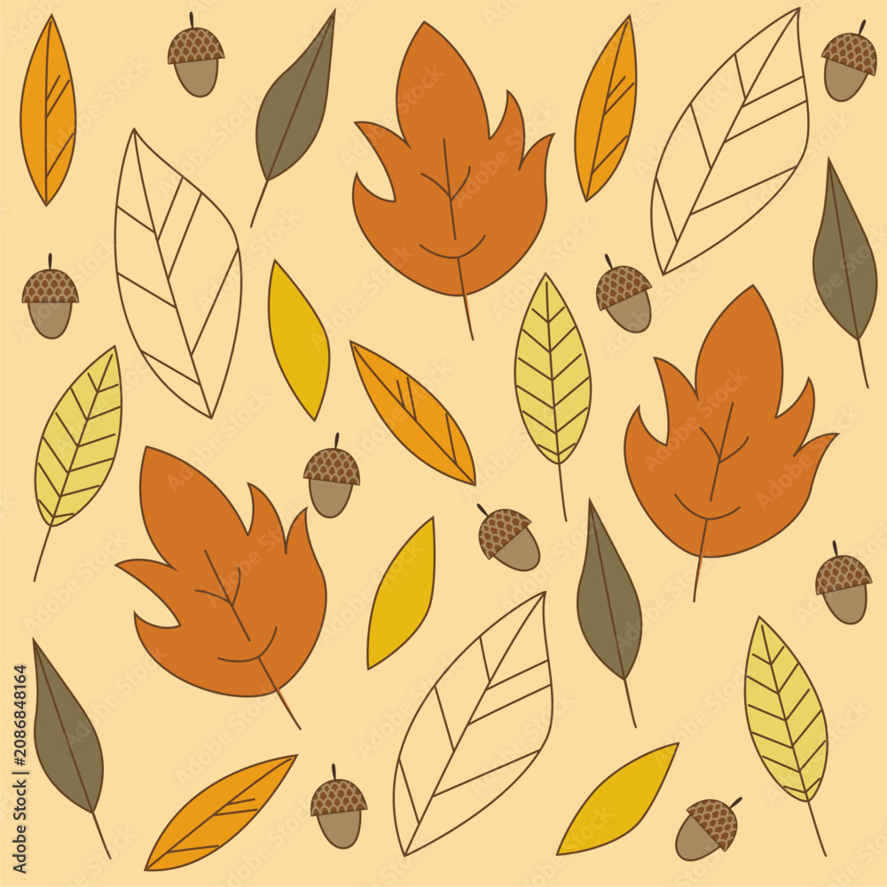 Fototapeta premium Autumn leaves dance in warm, golden hues. Acorns rest beside each leaf, grounded and wise. Soft beige background lets colors shine gently. Pattern feels cozy, inviting, and seasonal