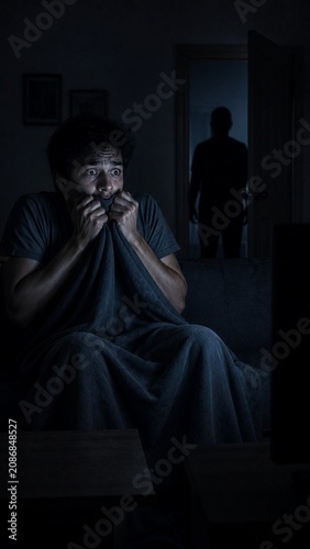 Scared Man on Sofa with Dark Silhouette of Intruder in Doorway - Cinematic Horror Concept