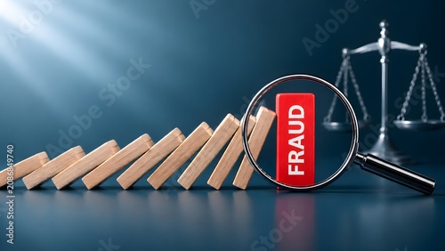Magnifying glass placed next to a red fraud block stopping falling dominoes near scales of justice symbolizing risk management and legal protection