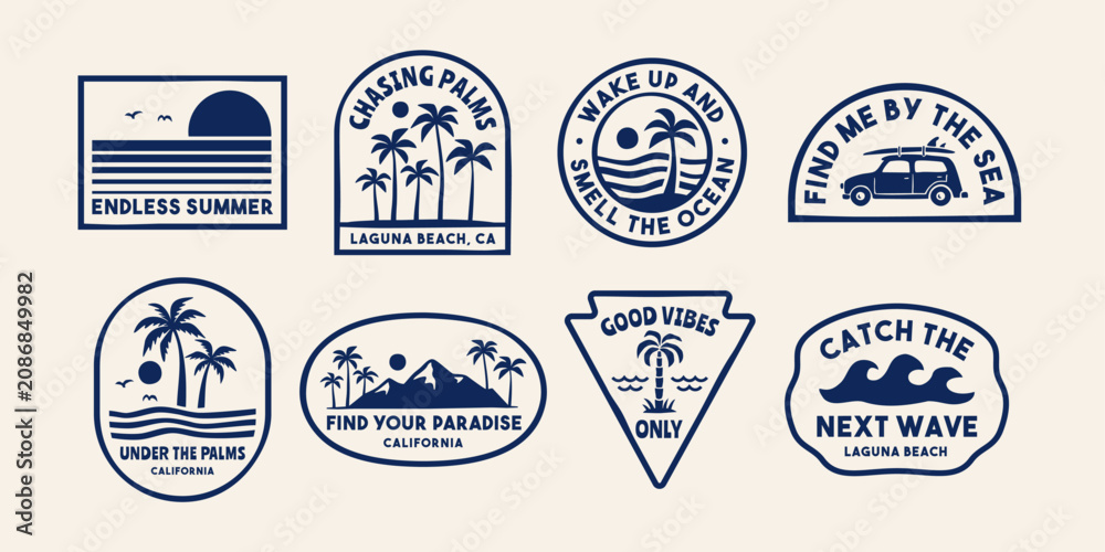 Fototapeta premium Retro tropical surf badge collection with beach scenes, palm trees, waves, and coastal typography. Perfect for apparel, stickers, branding, and summer lifestyle designs.