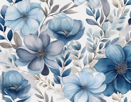 delicate watercolor flowers creating seamless floral pattern soft pastel blue and gray flowers floating as an elegant botanical pattern