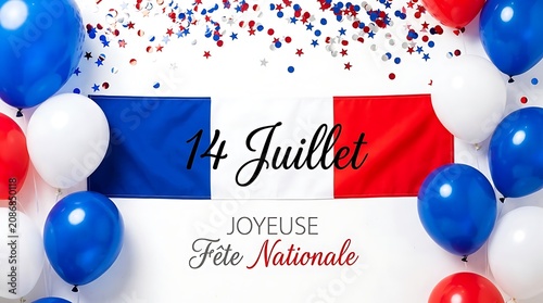 French Bastille Day celebration with blue, white, and red balloons, confetti, and 14 Juillet banner
