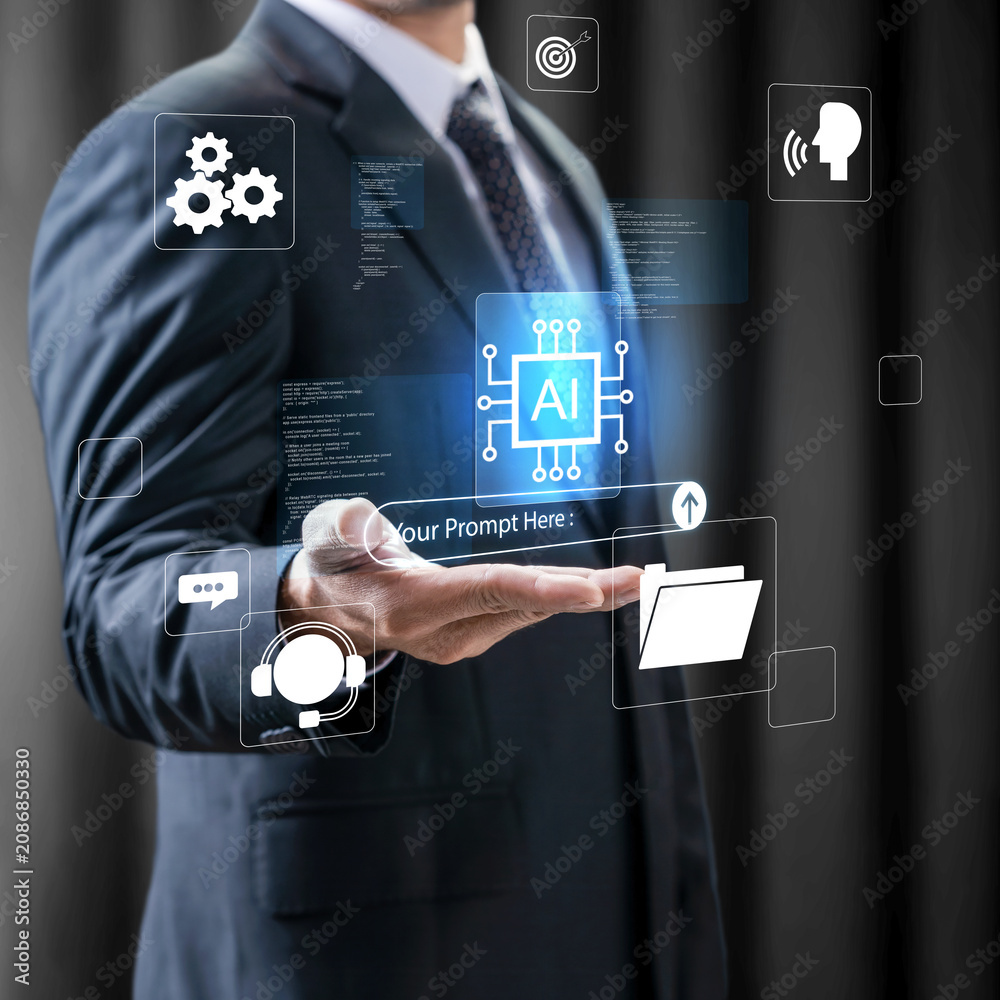 Obraz premium A businessman in a suit holds a glowing virtual interface showing an AI chip, prompt input, and technological icons on a dark background