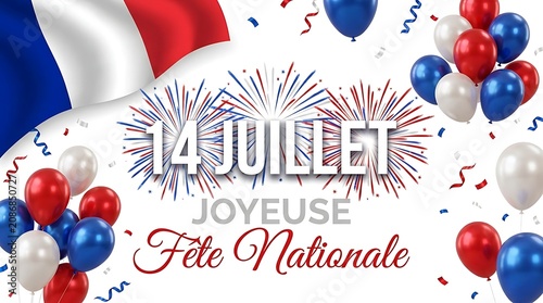 Vibrant French Bastille Day celebration with fireworks, balloons, and French flag, festive and patriotic mood