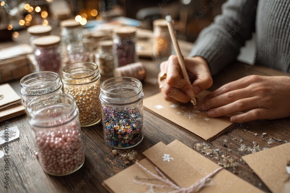 Fototapeta premium Hands writing on a brown envelope surrounded by jars of colorful beads and glitter on a wooden table.