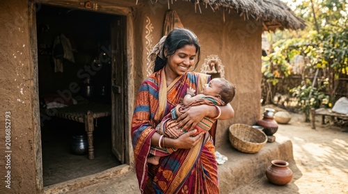 Indian mother holding newborn baby lovingly in front of traditional village mud house.