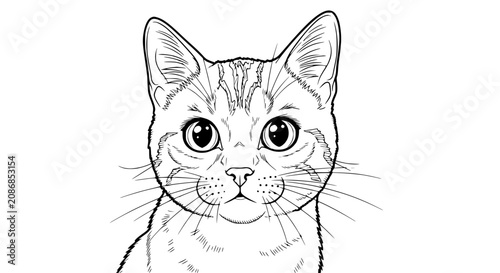 Tableau sur toile Close-up illustration of a tabby cat's face, black and white sketch, wide innocent eyes