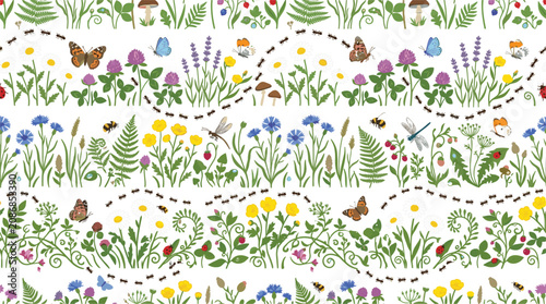 Wildflower meadow seamless stripe pattern with walking ants line butterfly and lavender flowers vector