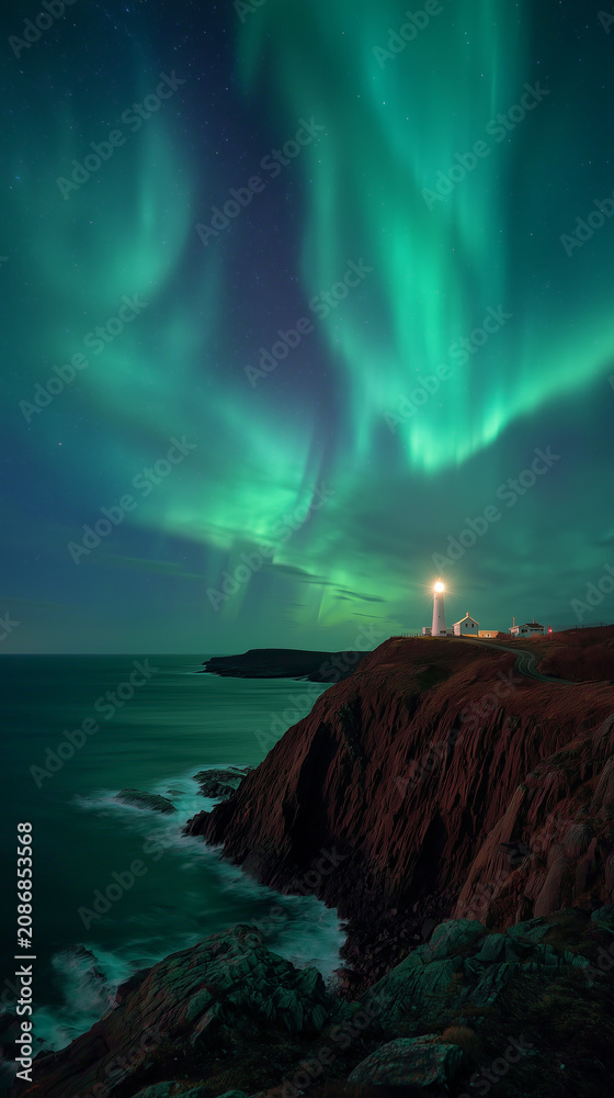 Fototapeta premium Northern Lights Above Cliffside Lighthouse