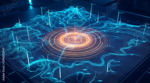 Holographic topographic map display with glowing terrain, radar rings, and marker pins on futuristic digital table interface