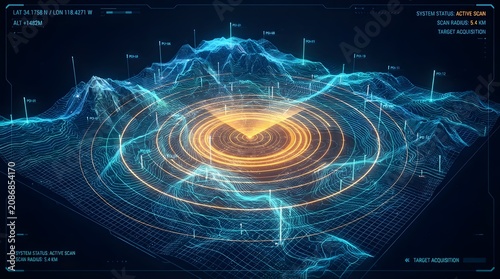 Holographic topographic map display with glowing terrain, radar rings, and marker pins on futuristic digital table interface