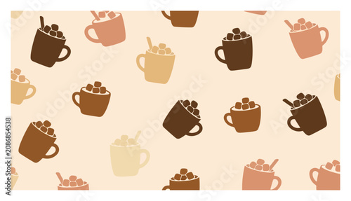 Hot chocolate mugs seamless pattern with marshmallows and cinnamon sticks in cozy winter style