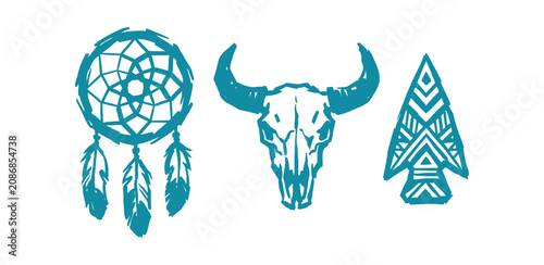 Bild auf Leinwand Native America cultural icons featuring dreamcatcher bison skull and arrowhead v