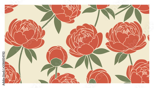 peony flowers seamless pattern with green leaves on cream background