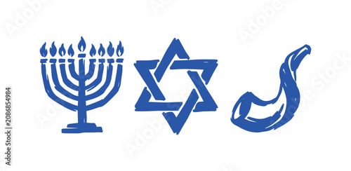 Photos Blue brushstroke Jewish holiday symbols with menorah and star of david for celeb