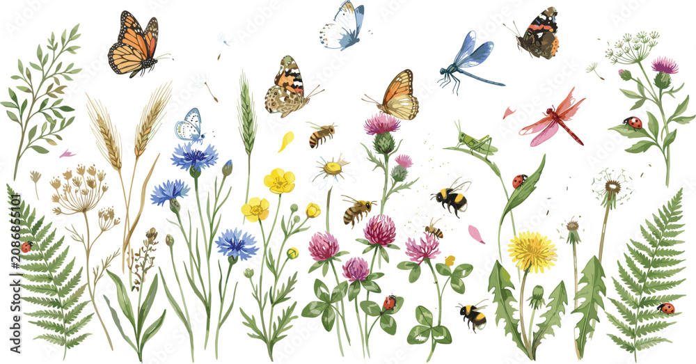 Obraz premium Watercolor summer wildflower meadow element set with colorful butterflies bees dragonflies and garden grass
