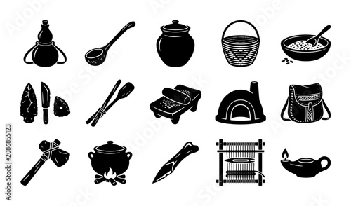 Foto Ancient tribal artifacts and primitive tools vector icons, set of 15 prehistoric